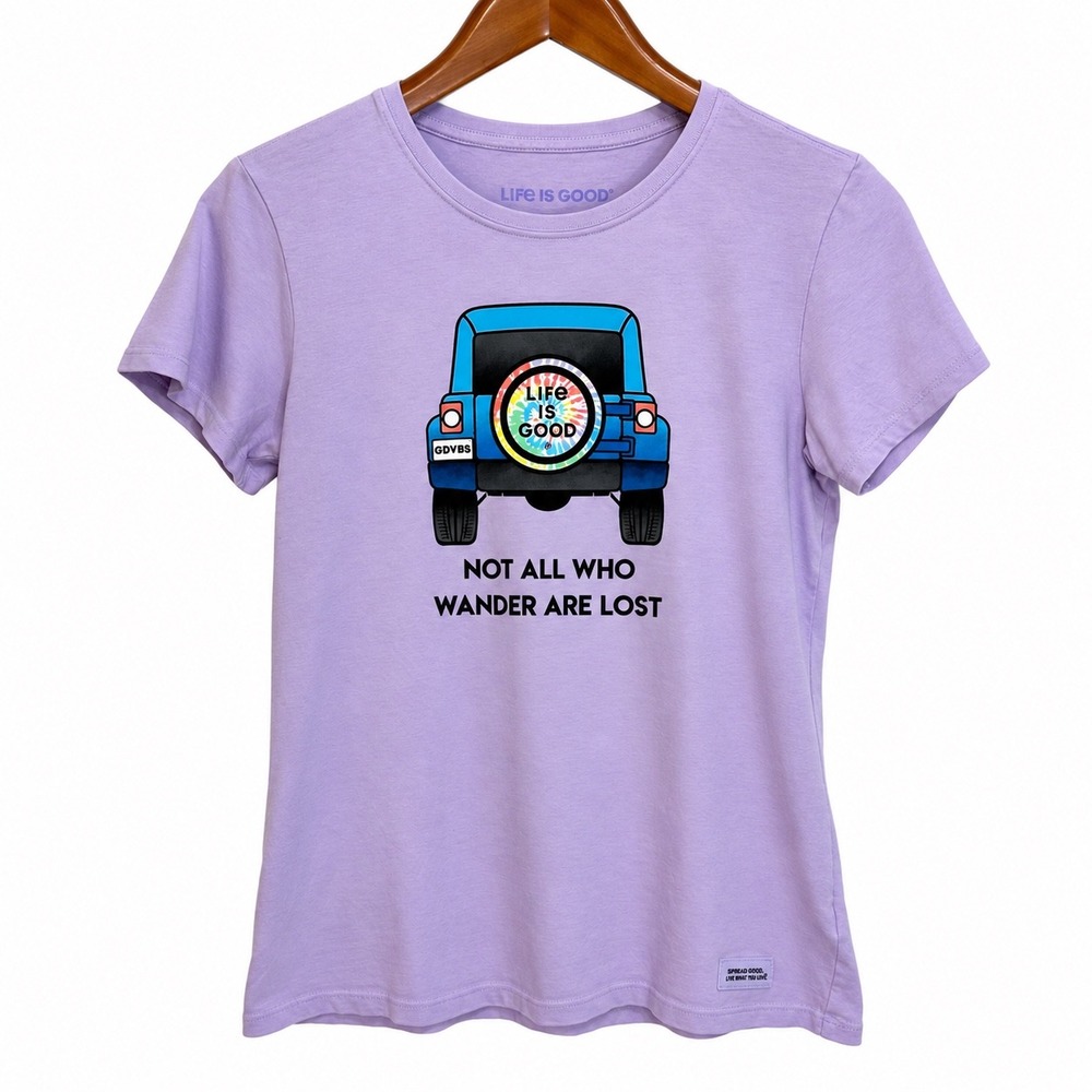 Life is Good Womens Small Purple Crusher Tee Not All Who Wander Are Lost Jeep